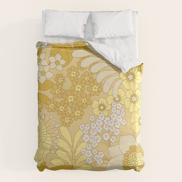 Yellow, Ivory & Brown Retro Floral Pattern Duvet Cover