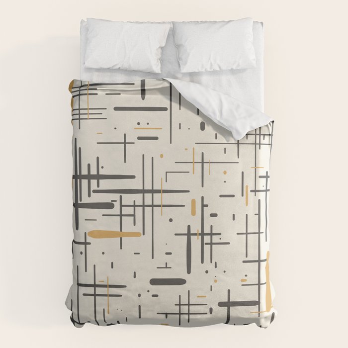 Mid-Century Modern Kinetikos Pattern In Charcoal Gray, Muted Mustard Gold, And Cream Duvet Cover