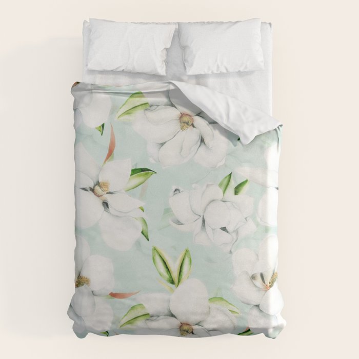 Hygge Magnolia Watercolor Pastel Flowers Duvet Cover