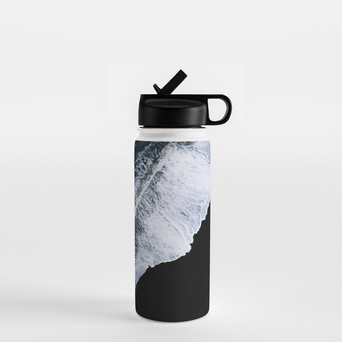 Waves Crashing On A Black Sand Beach - Minimal Landscape Photography Water Bottle