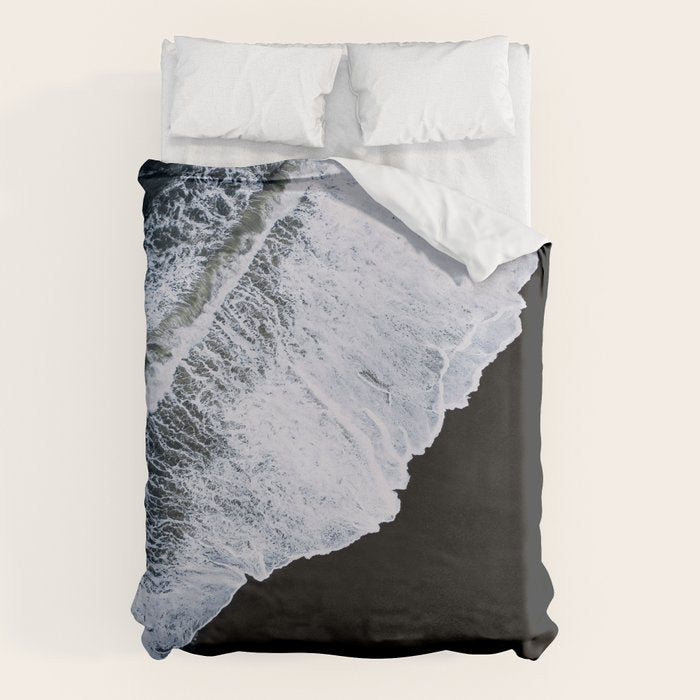 Waves Crashing On A Black Sand Beach - Minimal Landscape Photography Duvet Cover
