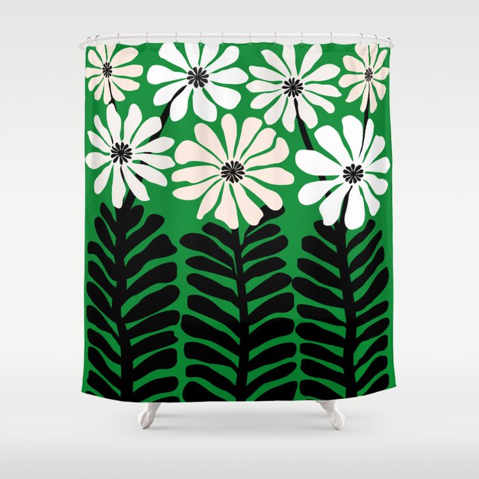 Mod Flower Garden - Black And White On Green Shower Curtain