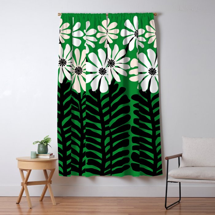 Mod Flower Garden - Black And White On Green Window Curtain
