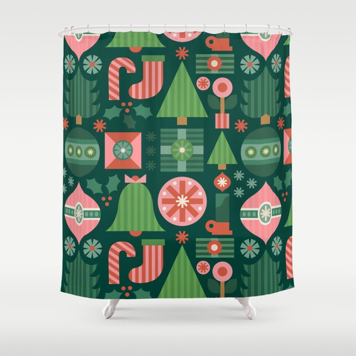 Gifts Of Christmas Pattern - Green & Pink Shower Curtain