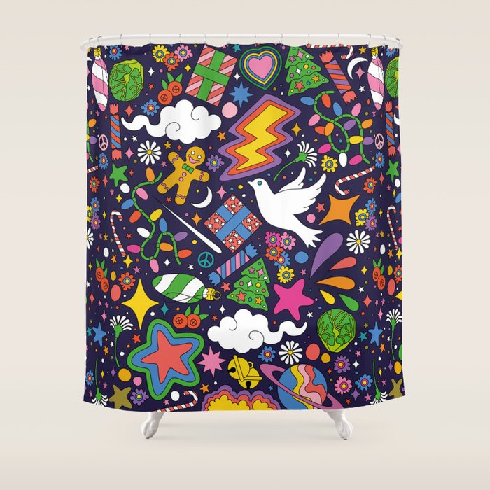 60s 70s Psychedelic Modern Christmas Confetti Pattern Shower Curtain