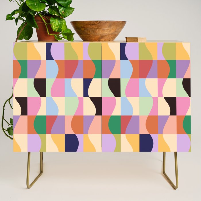 Retro Colorful Wavy Checkerboard Credenza