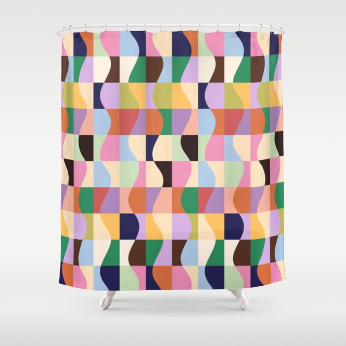 Retro Colorful Wavy Checkerboard Shower Curtain