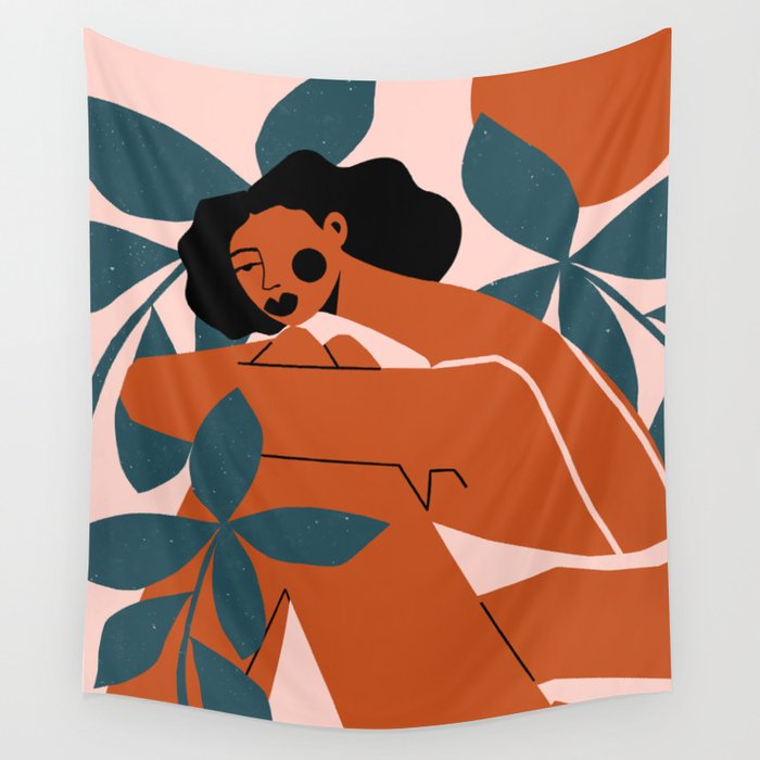 Pink Bikini - Dark Green Flowers Wall Tapestry