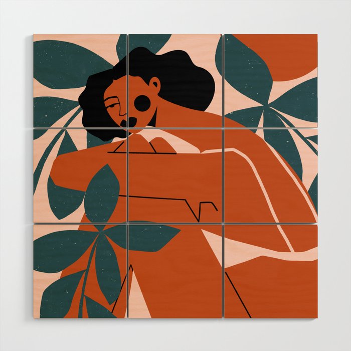 Pink Bikini - Dark Green Flowers Wood Wall Art