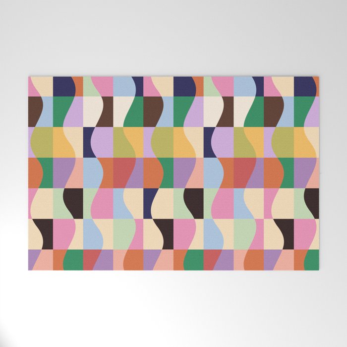 Retro Colorful Wavy Checkerboard Welcome Mat