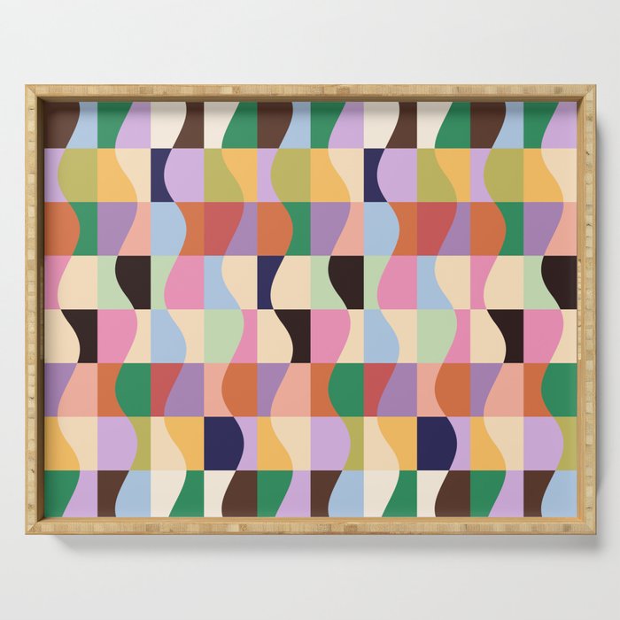 Retro Colorful Wavy Checkerboard Serving Tray