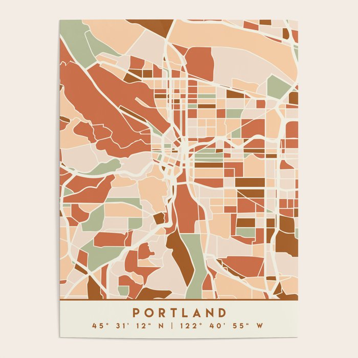 Portland Oregon City Map Earth Tones Poster