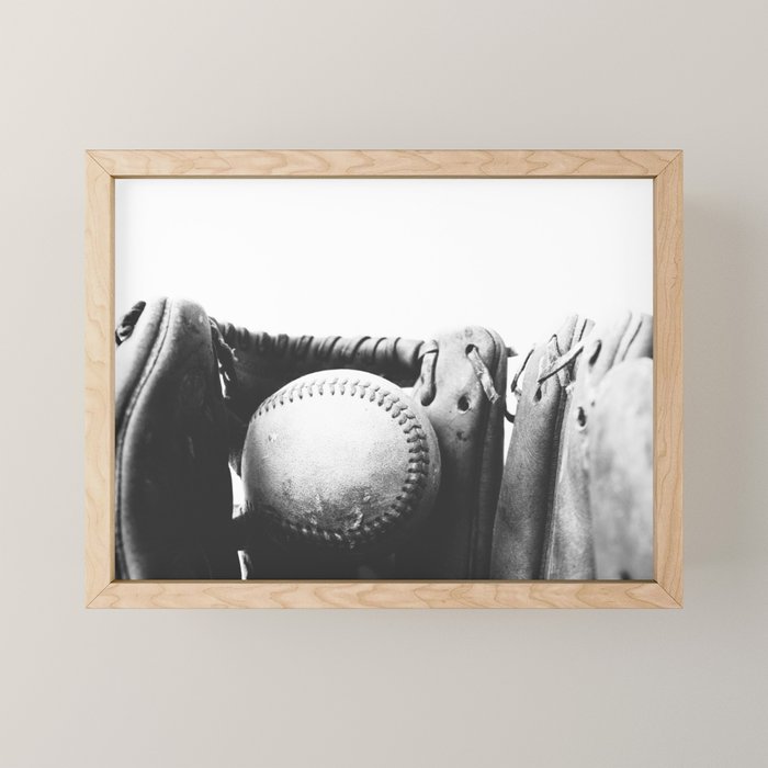 Old Retro Baseball Monochrome Ball And Glove Mini Art Print