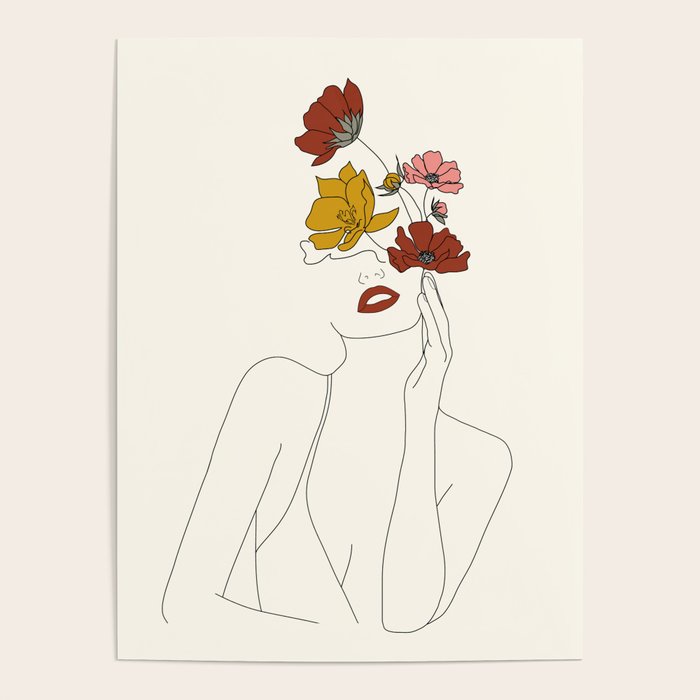 Colorful Thoughts Minimal Line Art Woman With Flowers Poster