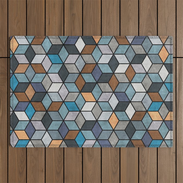 Colorful Concrete Cubes - Blue, Grey, Brown Outdoor Rug