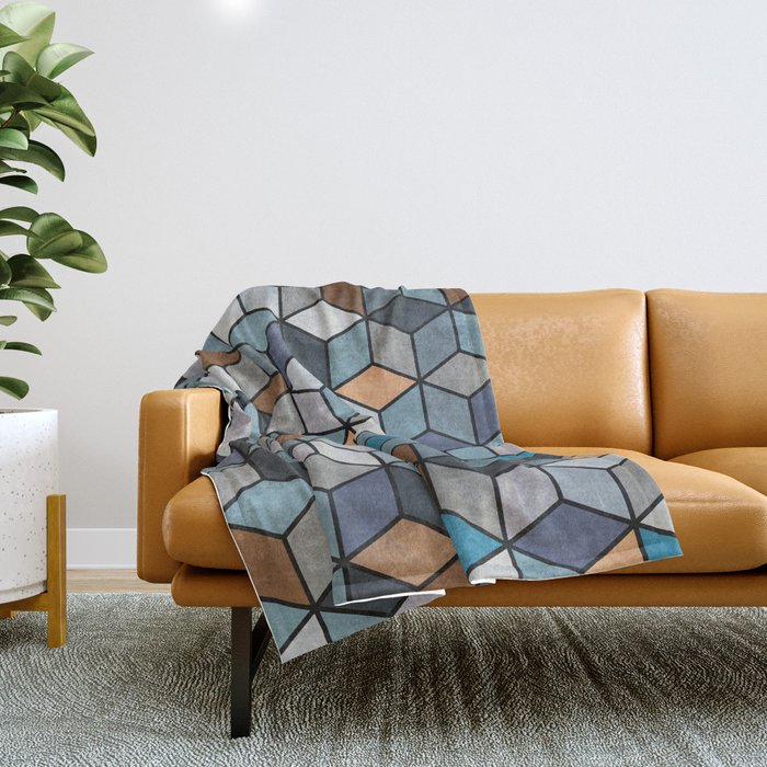 Colorful Concrete Cubes - Blue, Grey, Brown Throw Blanket