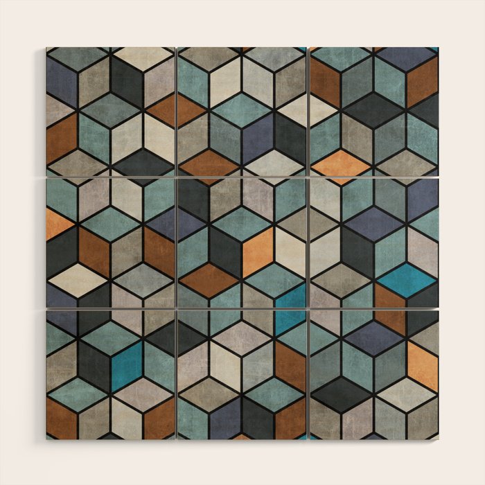 Colorful Concrete Cubes - Blue, Grey, Brown Wood Wall Art