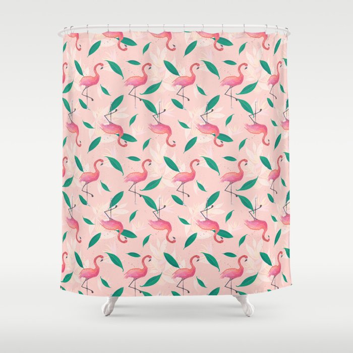 Pink Flamingo Tropical Pattern Shower Curtain
