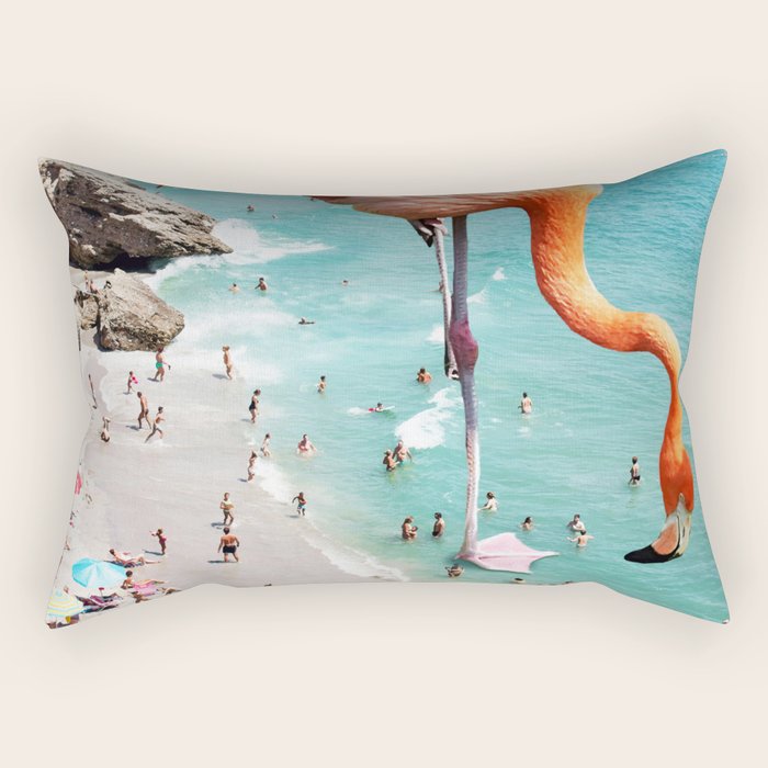 Flamingos On The Beach, Wildlife Surrealism Birds, Nature Flamingo Fantasy Beach Summer Photography Rectangular Pillow