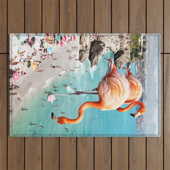 Flamingos On The Beach, Wildlife Surrealism Birds, Nature Flamingo Fantasy Beach Summer Photography Outdoor Rug