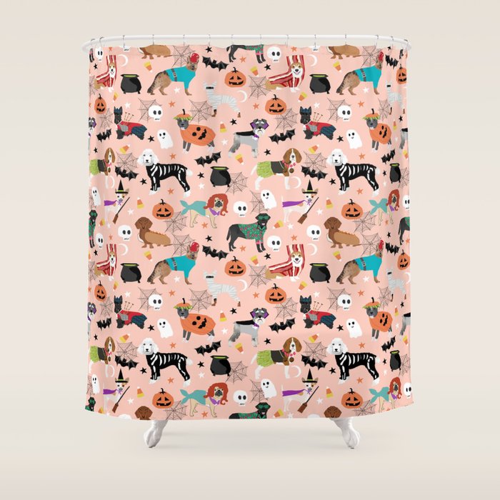 Dogs Halloween Costumes Cute Pumpkin Ghost Skeleton Witch Trick Or Treat Shower Curtain