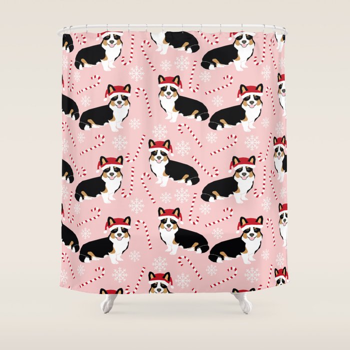 Tri Colored Welsh Corgi Christmas Candy Cane Santa Hat Funny Dog Lover Holiday Gifts Shower Curtain