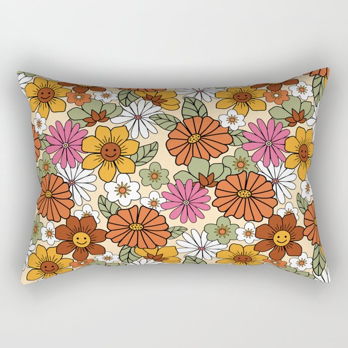 Retro 70s Boho Floral Pattern Rectangular Pillow