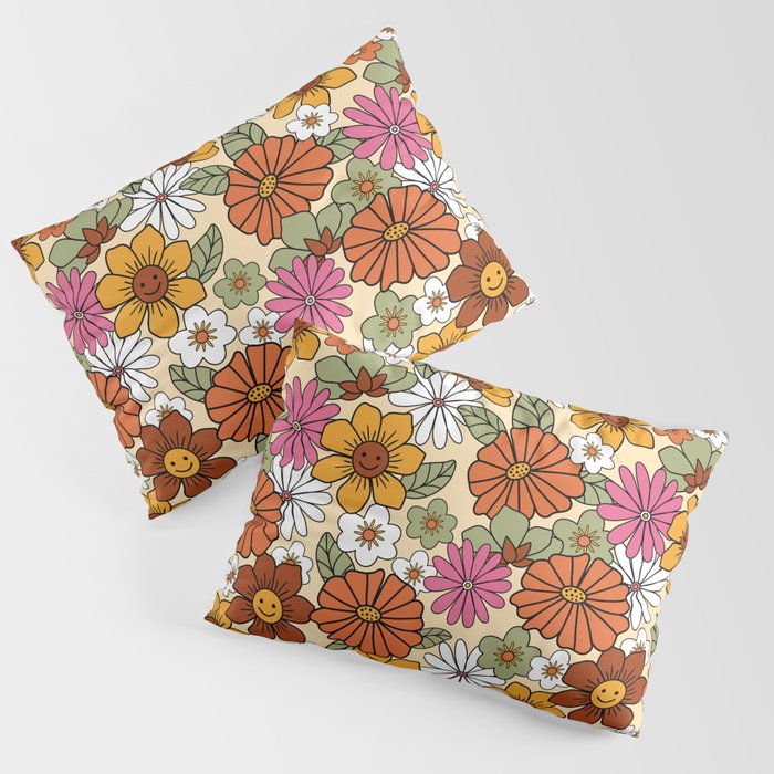 Retro 70s Boho Floral Pattern Pillow Sham
