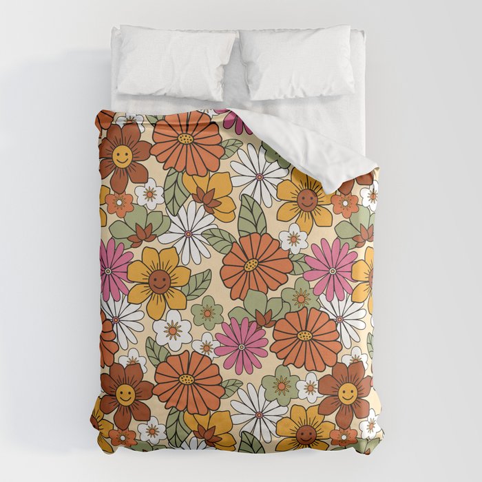 Retro 70s Boho Floral Pattern Duvet Cover