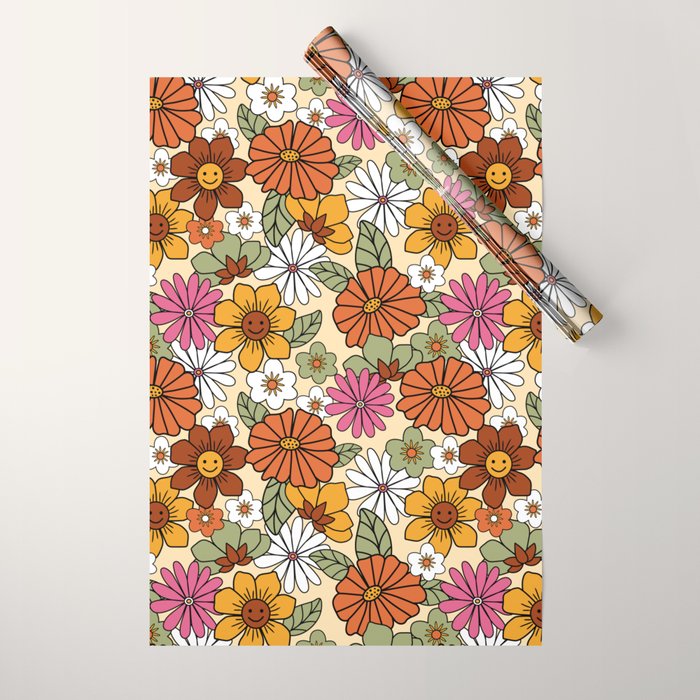 Retro 70s Boho Floral Pattern Wrapping Paper