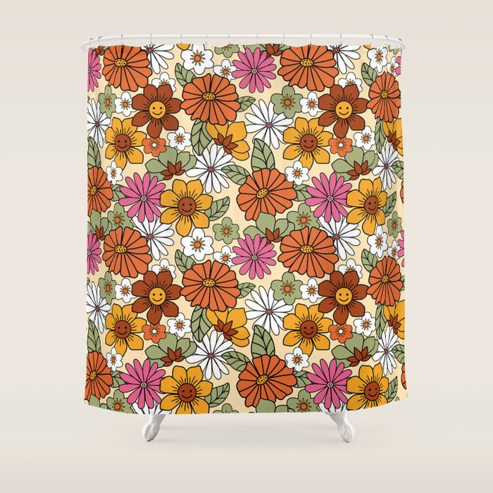 Retro 70s Boho Floral Pattern Shower Curtain