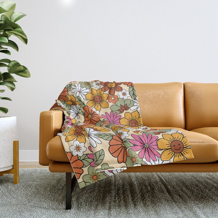 Retro 70s Boho Floral Pattern Throw Blanket