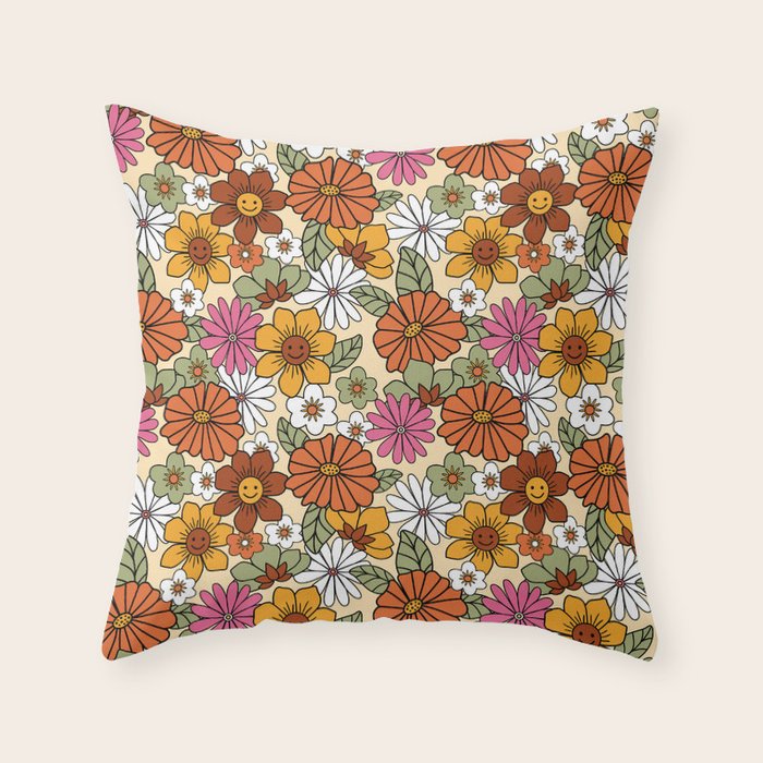 Retro 70s Boho Floral Pattern Throw Pillow