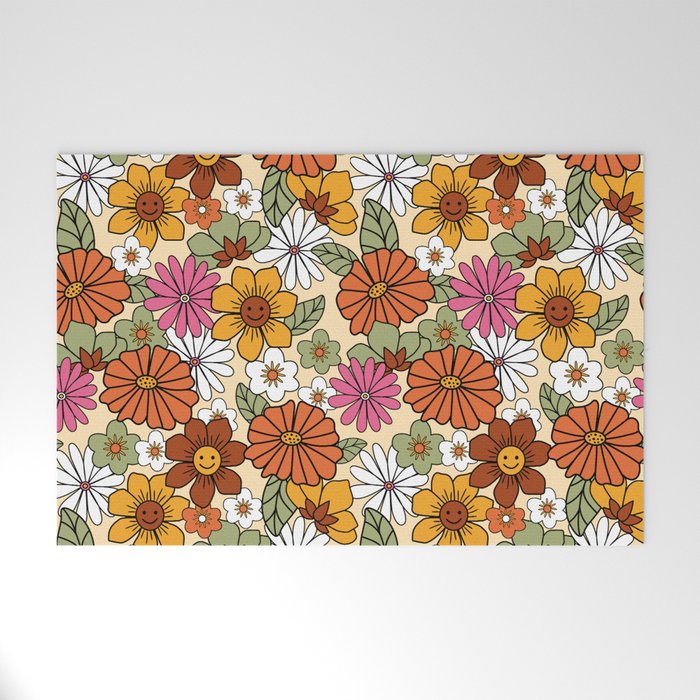 Retro 70s Boho Floral Pattern Welcome Mat
