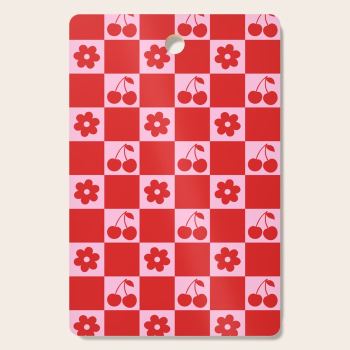 Cherry Flowers Pink & Red Checker Cutting Board