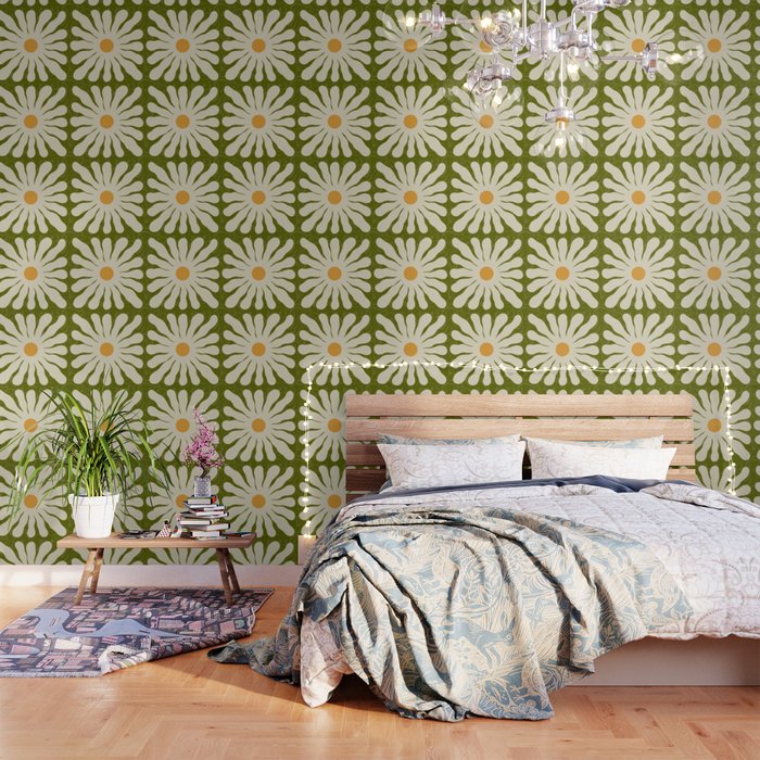 White Daisy Flower 70s Retro Abstract Wallpaper