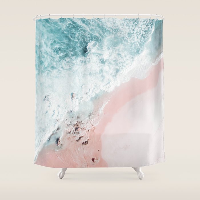 Aerial Ocean Print - Aerial Beach - Pastel Pink Sand - Sea -Travel Photography By Ingrid Beddoes Shower Curtain
