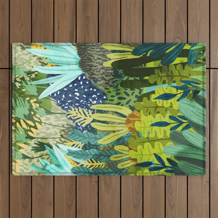 Wild Jungle Painting, Forest Dark Botanical Nature, Plants Tropical Eclectic Modern Illustration Outdoor Rug