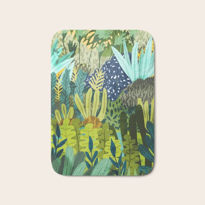 Wild Jungle Painting, Forest Dark Botanical Nature, Plants Tropical Eclectic Modern Illustration Bath Mat