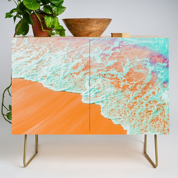 Coral Shore, Ocean Beach Photography, Summer Sea Sand Waves Credenza