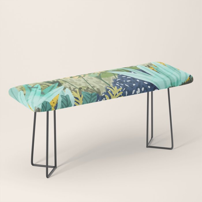 Wild Jungle Painting, Forest Dark Botanical Nature, Plants Tropical Eclectic Modern Illustration Bench