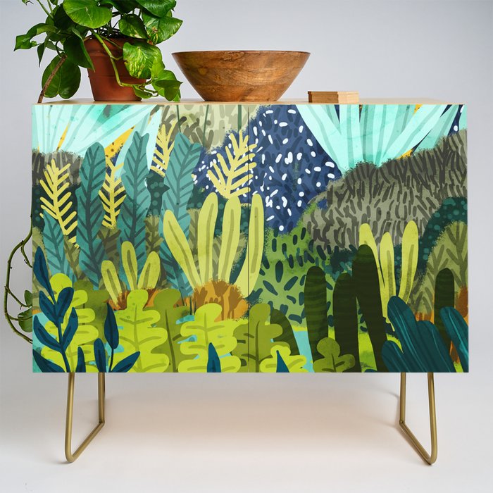 Wild Jungle Painting, Forest Dark Botanical Nature, Plants Tropical Eclectic Modern Illustration Credenza