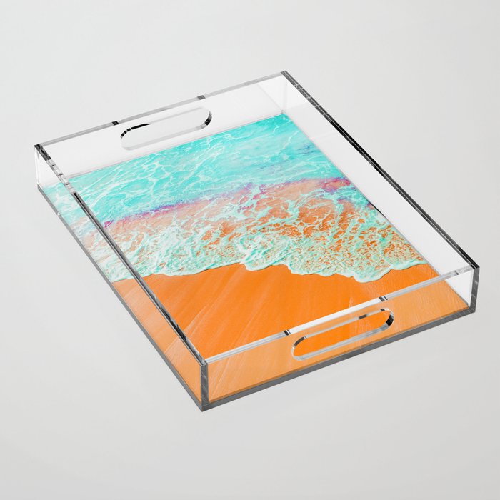 Coral Shore, Ocean Beach Photography, Summer Sea Sand Waves Acrylic Tray