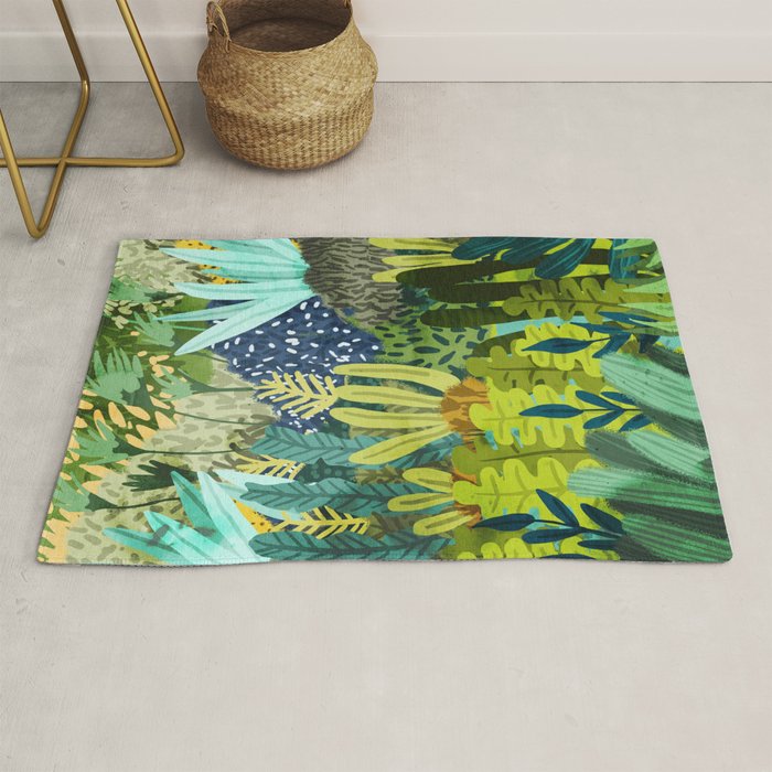 Wild Jungle Painting, Forest Dark Botanical Nature, Plants Tropical Eclectic Modern Illustration Rug