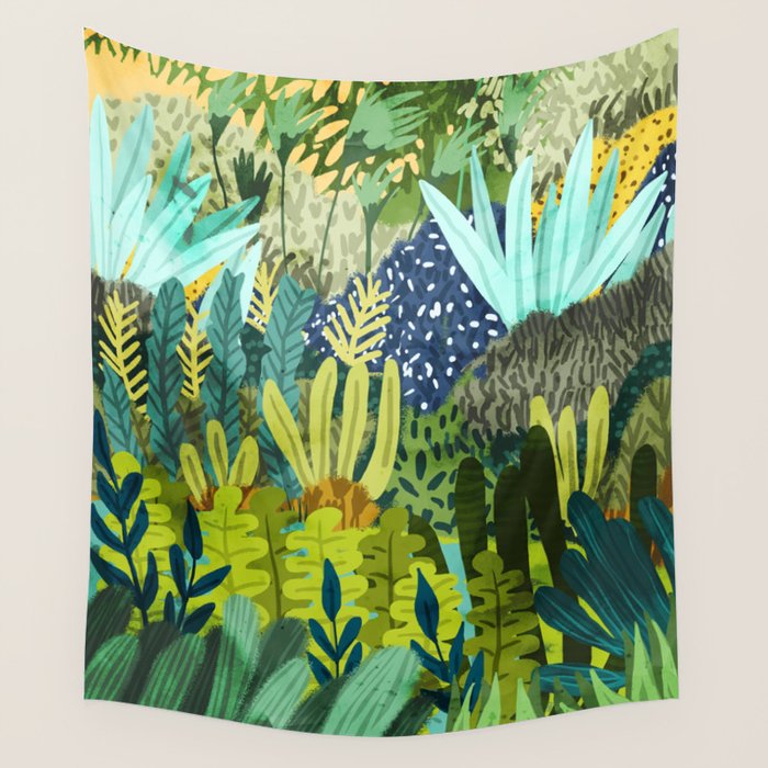 Wild Jungle Painting, Forest Dark Botanical Nature, Plants Tropical Eclectic Modern Illustration Wall Tapestry