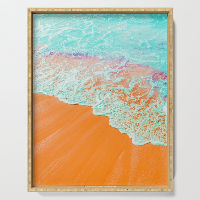 Coral Shore, Ocean Beach Photography, Summer Sea Sand Waves Serving Tray