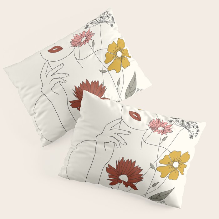 Colorful Thoughts Minimal Line Art Woman With Flowers Iii Pillow Sham