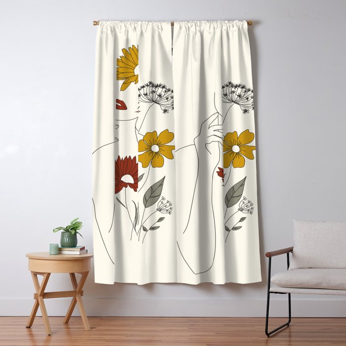 Colorful Thoughts Minimal Line Art Woman With Flowers Iii Window Curtain