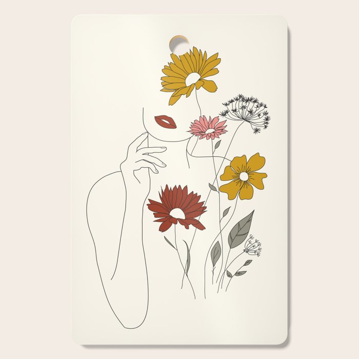 Colorful Thoughts Minimal Line Art Woman With Flowers Iii Cutting Board