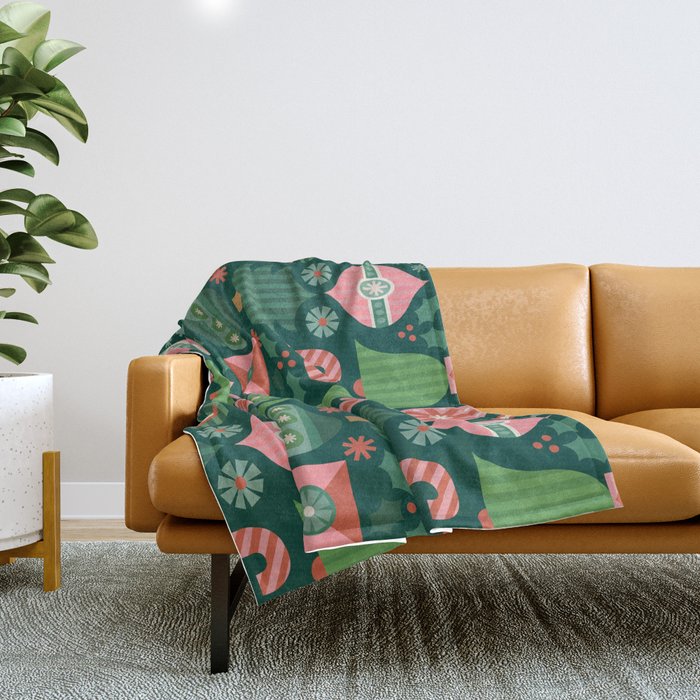Gifts Of Christmas Pattern - Green & Pink Throw Blanket